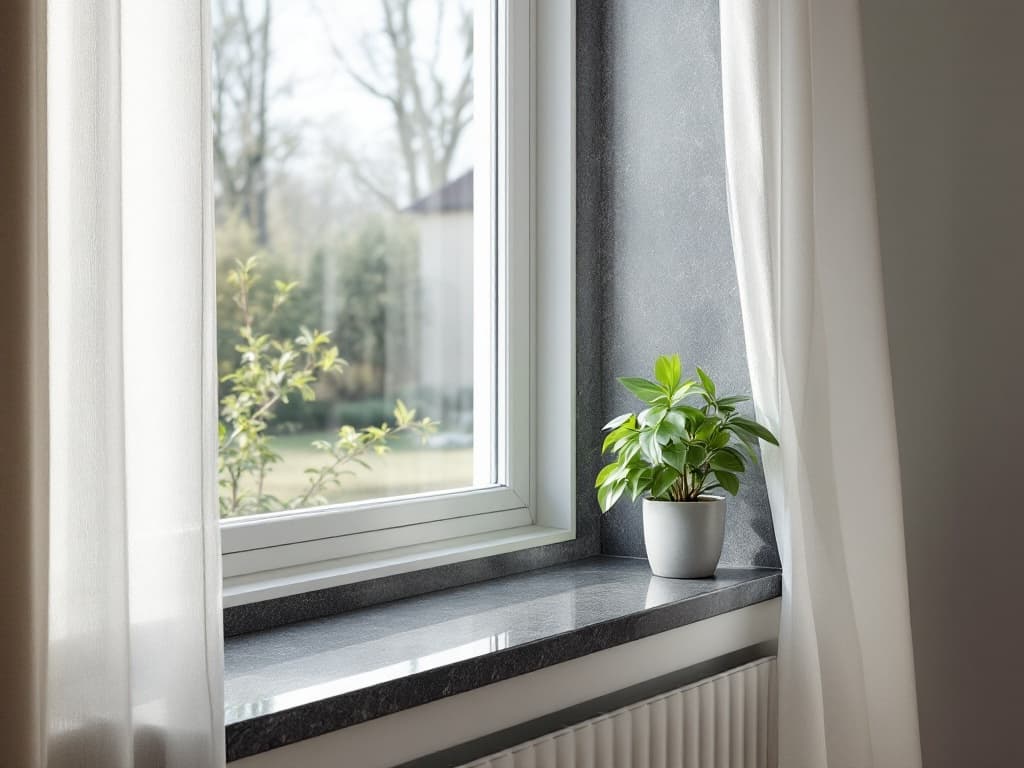 Natuurstenen vensterbank op maat, gemonteerd in een raamnis